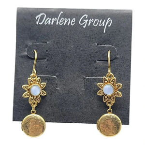 Darlene Group Sunflower Ornate Locket Dangle Gold Tone Earrings Vintage